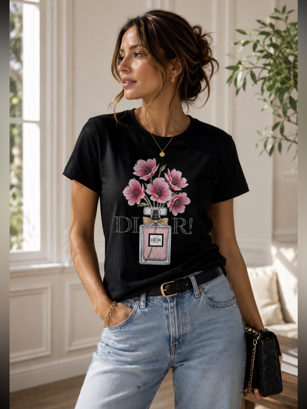 ShopEvelynne Black Tee with Pink Floral Perfume Graphic